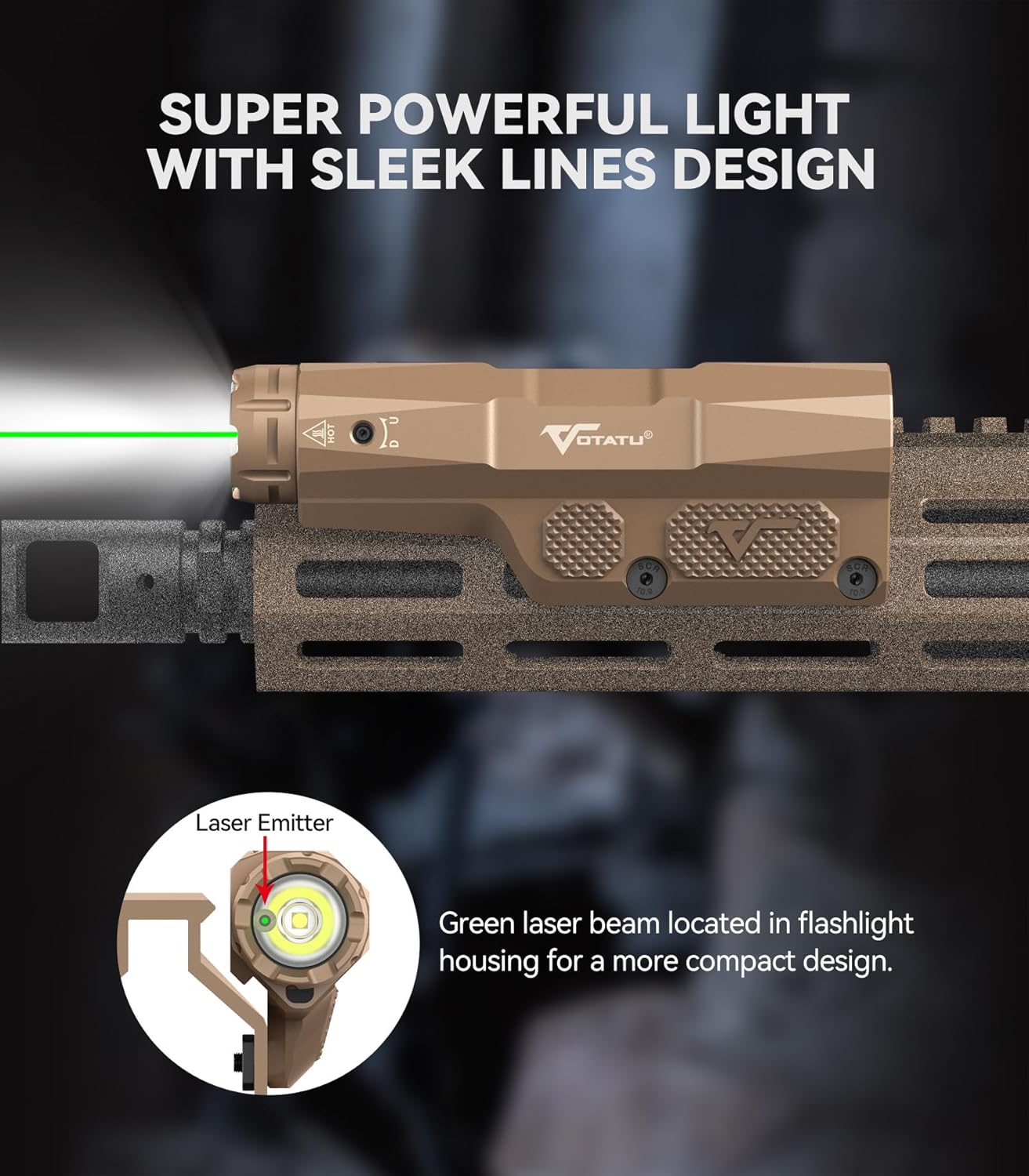 VOTATU M8L-G 3000 Lumens Light Laser Combo Compatible with Mlok/Picatinny, Strobe Function Flashlight and Green Laser Beam with Easy Touch Pad Switch, USB Magnetic Rechargeable Light for Rifle