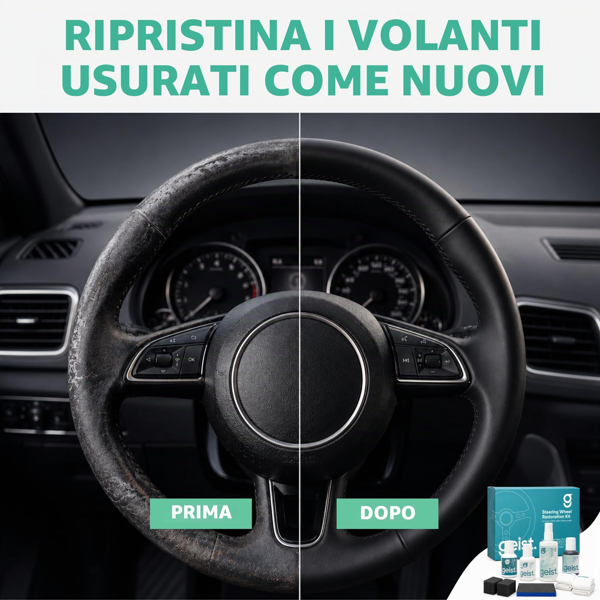 Geist. Kit di ripristino del volante | Sgrassa e rinfresca il colore dei volanti neri usurati o graffiati