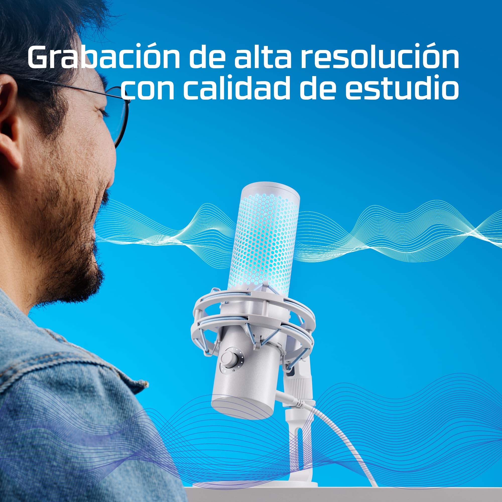 HyperX Quadcast 2 Frost - Micrófono USB para Gaming, Streaming, Podcast, Cuatro Patrones Polares, Controles, LED, antivibración, para PC, PS4, PS5 y Mac, Blanco y Azul