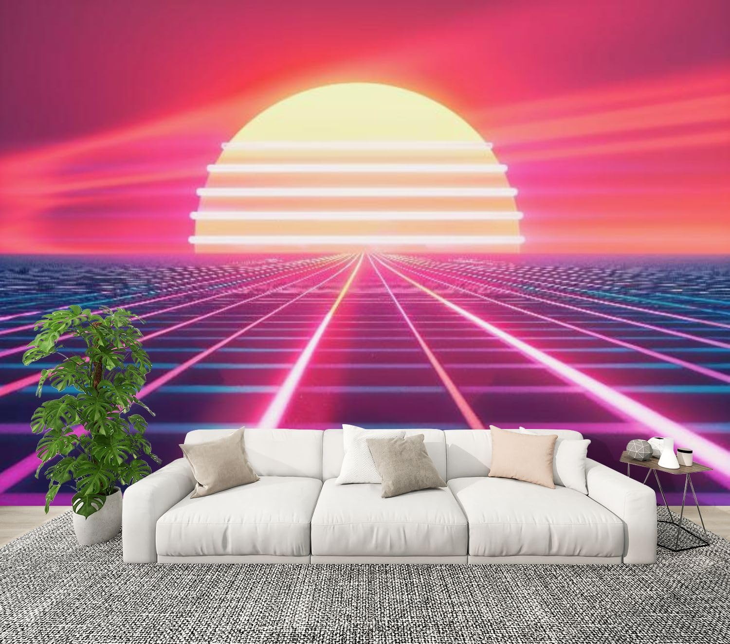 Modern Peel and Stick Wall Mural Wallpaper 80s Synthwave Sunrise Neon Grid Self Adhesive Removable Wall Stickers for Living Room Bedroom TV Background