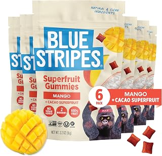 Blue Stripes Mango Cacao Gummies – 2 Ingredient Fruit Snack (3.2 oz, 6pk) | No Sugar Added, Vegan Gummy for Kids & Adults | Two Ingredient Fruit Snack | Resealable Bag for School, Travel, Work
