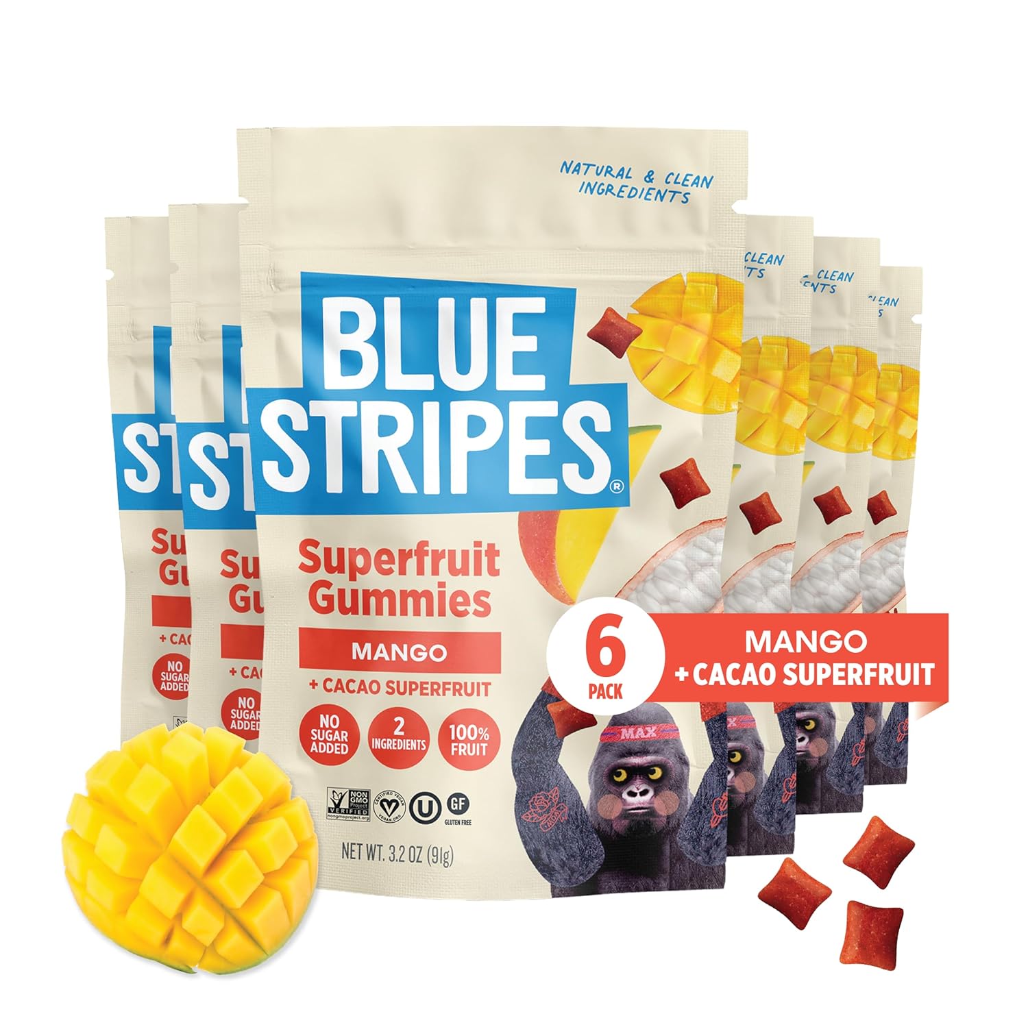 Blue Stripes Mango Cacao Fruit Gummies –Two Ingredient Fruit Snack for Kids and Adults | No Sugar Added | Gluten Free, Vegan Chewy Superfruit Gummy | Essential Vitamins & Minerals - 3.2 oz (6 Pack)