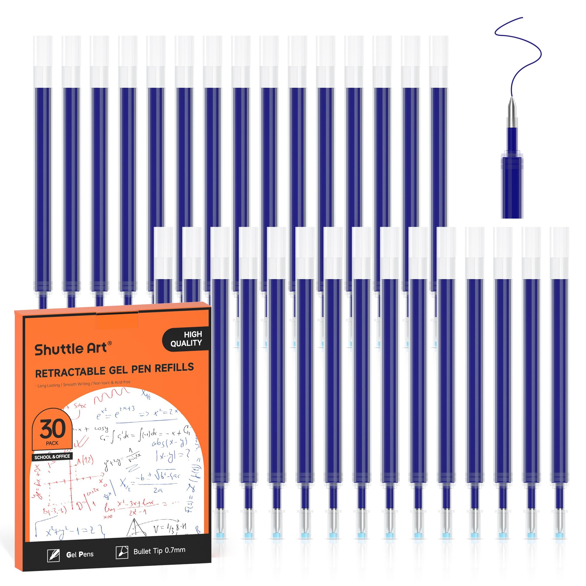 Shuttle Art Retractable Gel Pen Refills, 30 Pack Blue Rollerball Gel Ink Pens Refills, Bulk Set, 0.7mm Fine Point for Writing Journaling Taking Notes School Office Home