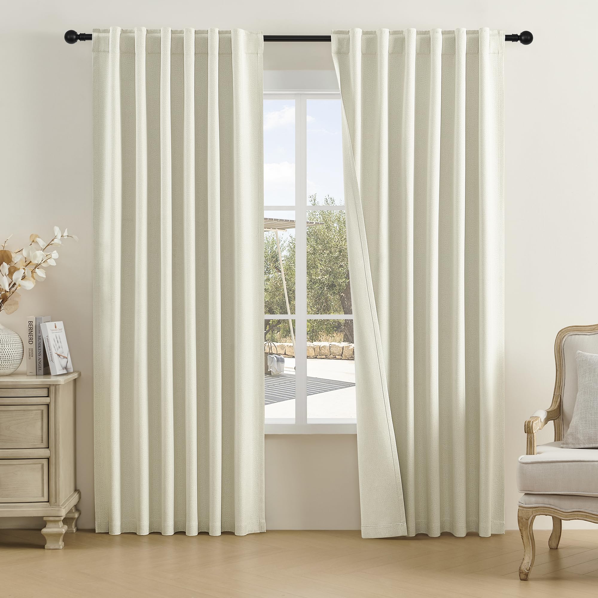 DUALIFE 90 Inch Long Beige Blackout Linen Curtains 2 Panels for Living Room,Pinch Pleated Rod Pocket/Back Tab/Hook Belt Thermal Insulated Drapes for Bedroom,Cream Ivory Beige,50x90 Inch