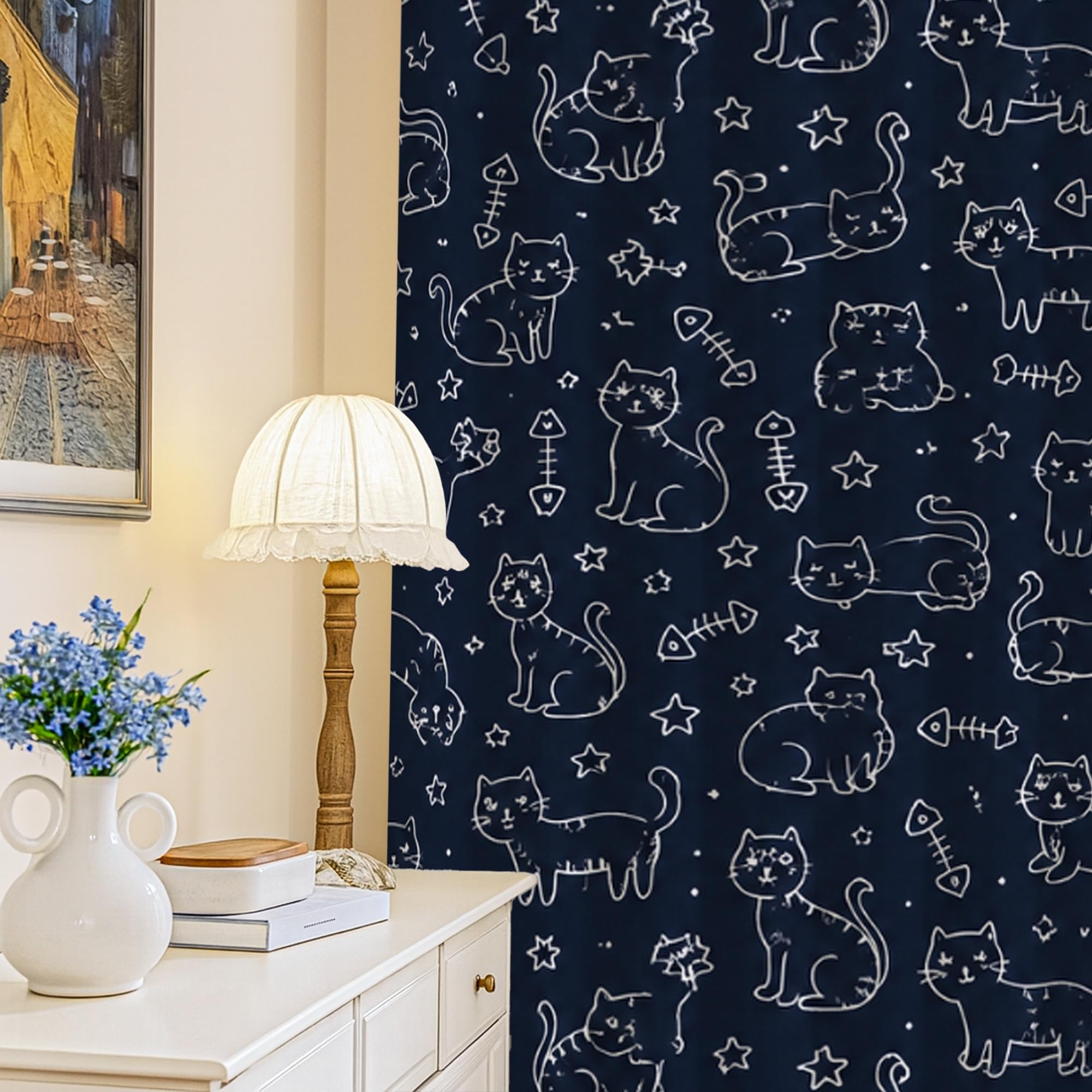 Rideaux occultants chat et étoile de mer bleu marine 132x241 cm sans plis pour bureau