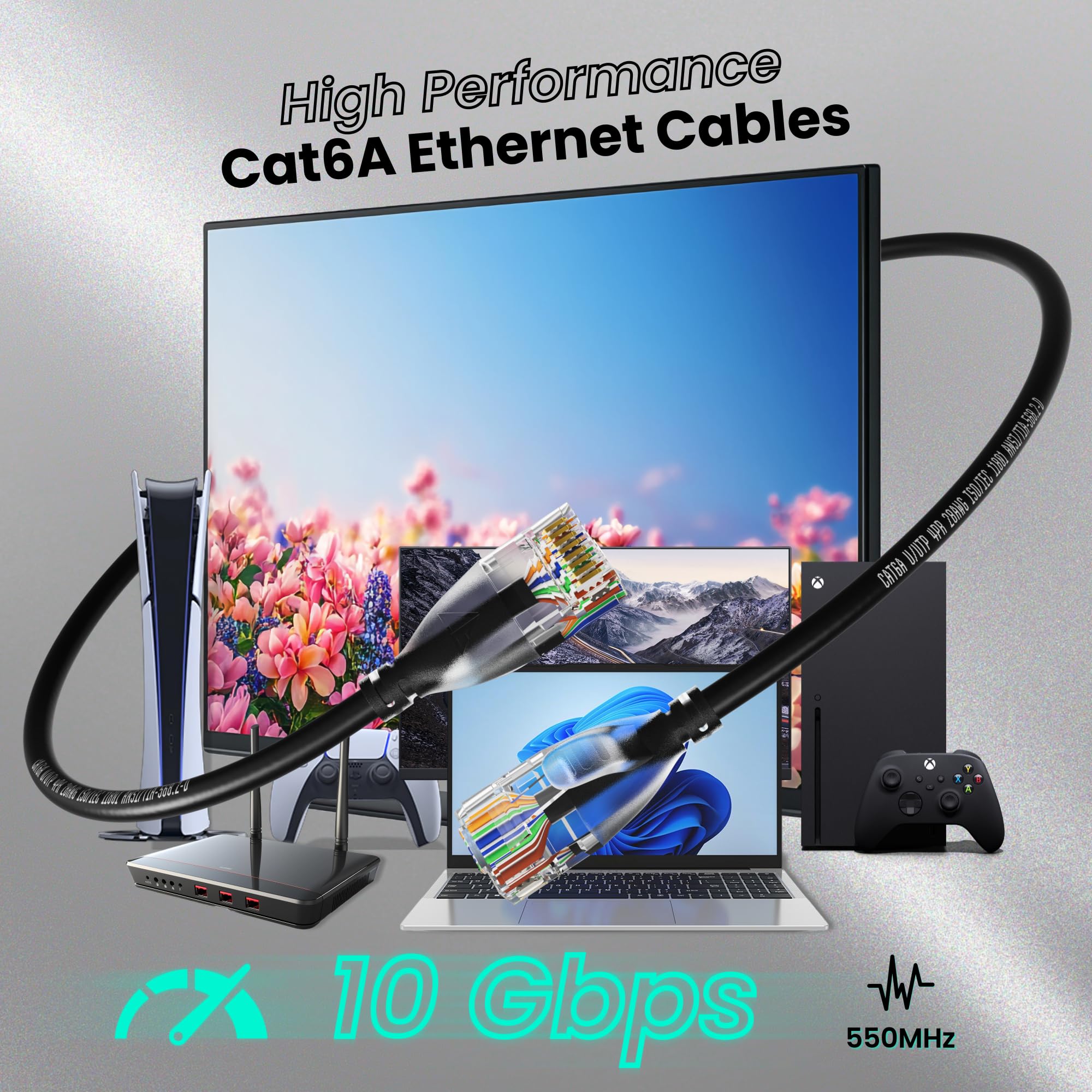 CableGeeker Cavo Ethernet sottile CAT6A, 0,9 m, 10 Gbps, 550 MHz, cavo di rete ad alta velocità con connettore con finitura opaca, rame puro OFC, rivestimento in PVC, RJ45 per giochi, data center
