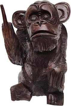 Large 12" Hand Carved Wooden Monkey with Middle Finger Bad Statue Tiki Decor One of a Kind