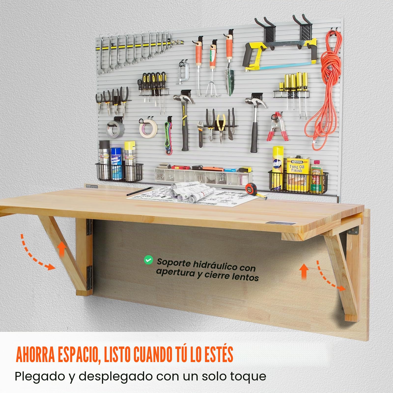 VEVOR Mesa Plegable de Pared, 800 x 600 x 298 mm, Escritorio Flotante de Madera con Soporte de Hierro, Mesa Plegable para Espacios Pequeños, Oficina en Casa, Comedor, Cuarto de Lavado, Cocina, Bar