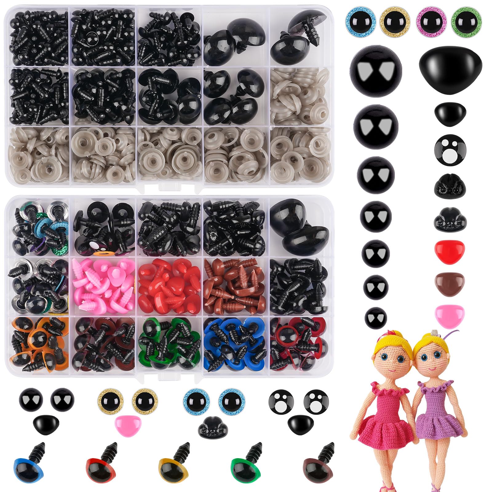 Weysoo Sicherheitsaugen für Häkeltiere, 690 Stück Amigurumi Augen und Sicherheitsnasen, Bunt Puppenaugen mit Unterlegscheiben, Knopfaugen zum Annähen - für Puppe,Plüschtier,Teddyaugen (6-22mm)