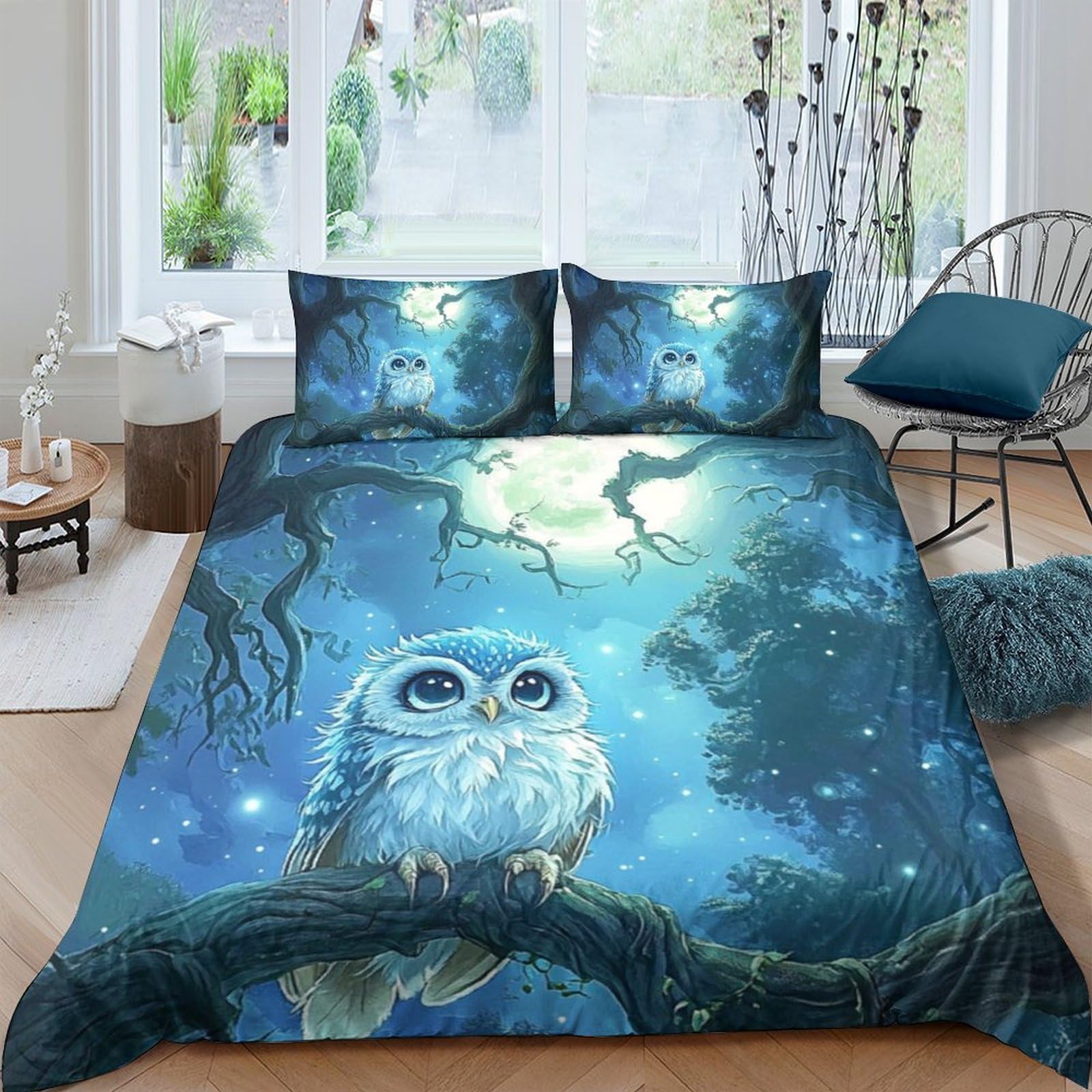 Ctjqhvkz Style-10 3D Printed Moonlit Forest Owl Fitted Sheet Microfiber Non Slip Bed Cover For Bedroom Guest Room Decor Single（135X200cm）