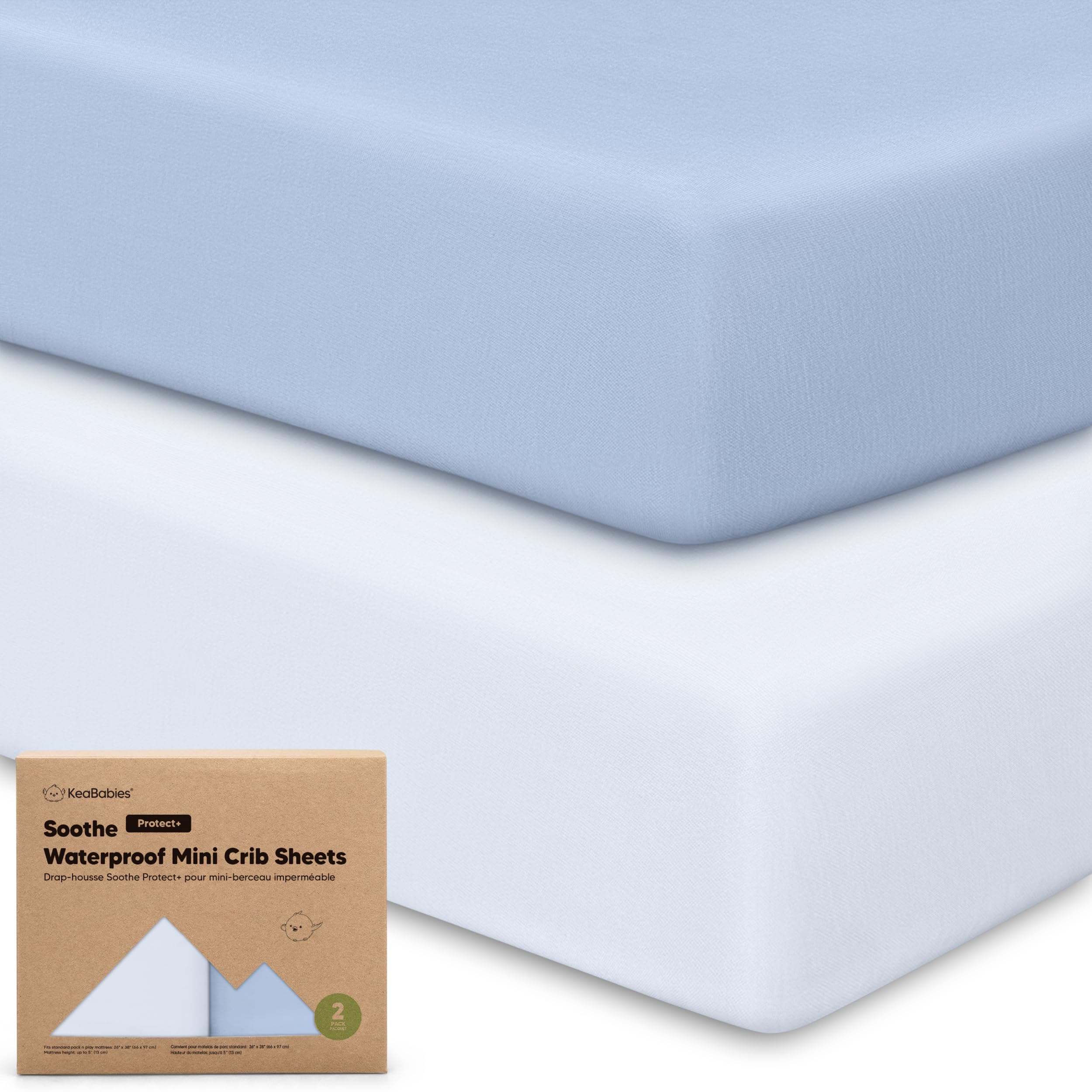 2 Pack and Play Sheets, Waterproof Mini Crib Sheets Fitted - 38x26 Organic Cotton Pack N Play Sheets for Graco Pack and Play Mattress, Playard Baby