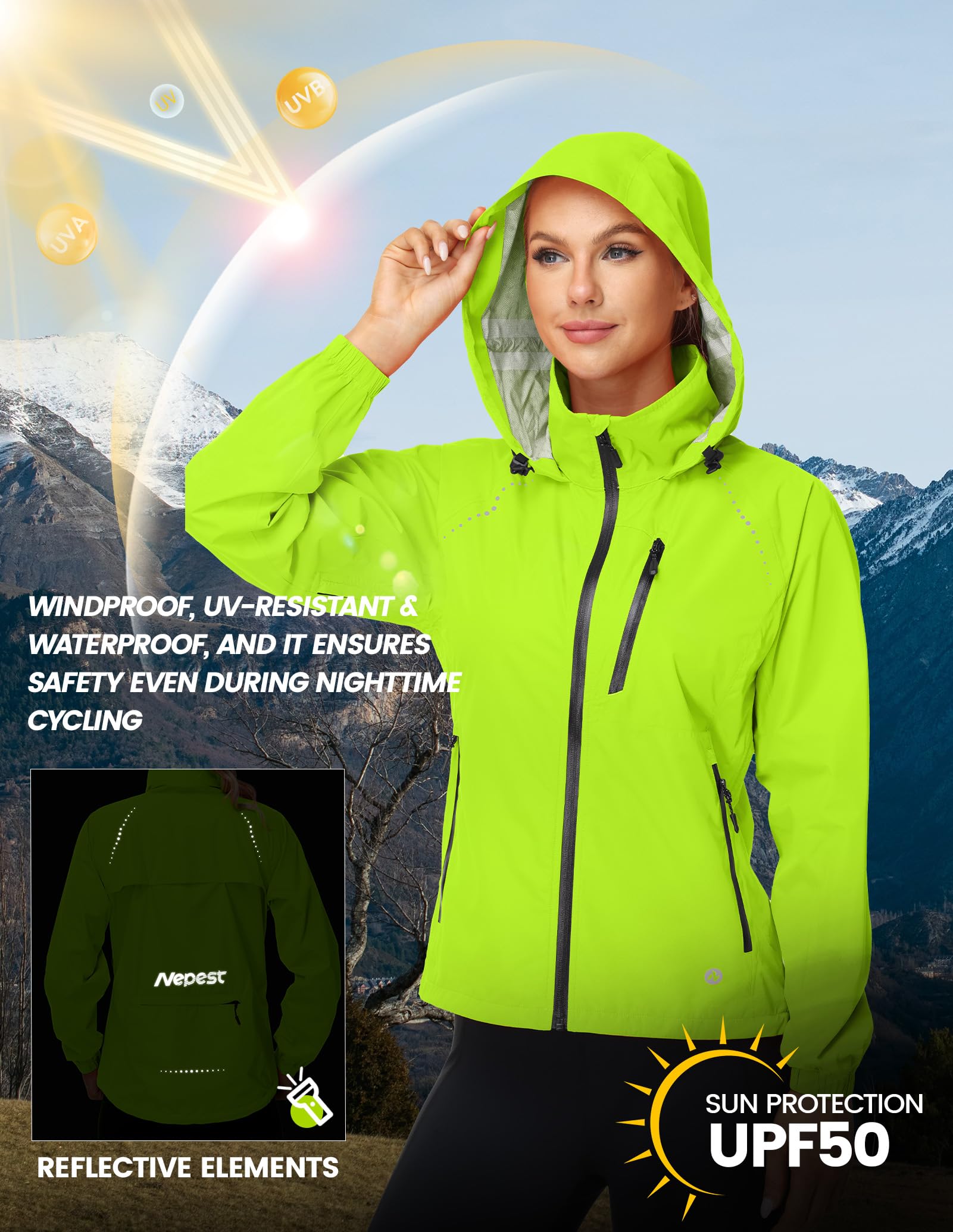 Nepest Fahrradjacke Wasserdicht Damen Regenjacke, 10k mm WassersäUle, 5.000 G/M²/24hr Atmungsaktiv Laufjacke, Leichte Faltbar Reflektierend Outdoorjacke mit 6 Taschen, für MTB Laufen Wandern