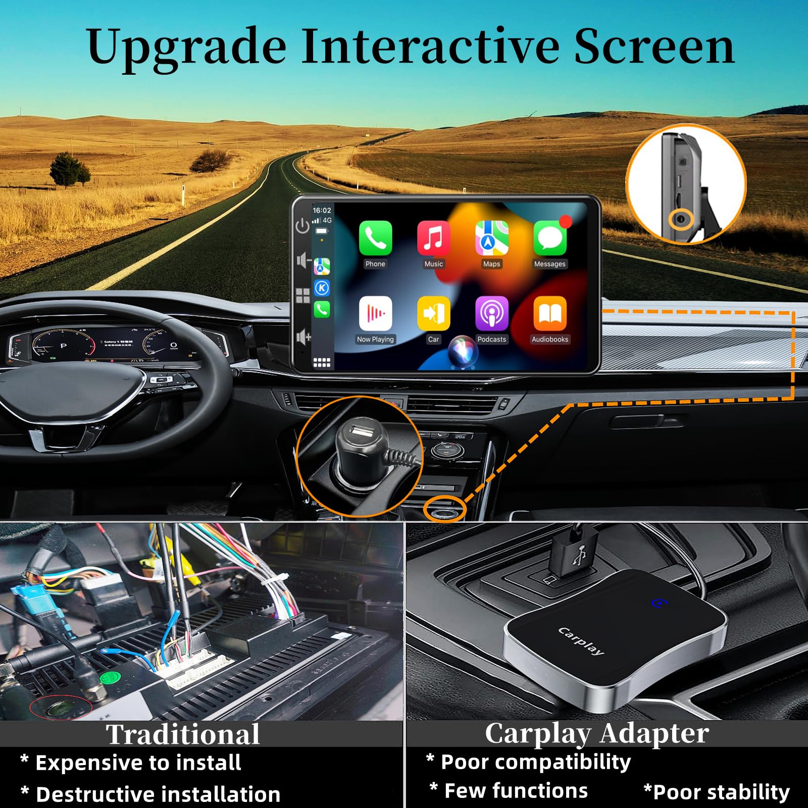 Pantalla de Coche con Carplay y Android Auto inalambricos: Radio Portatil de 7 Pulgadas con Pantalla Tactil, Mirror Link - Carplay Pantalla para Coche con Control de Asistencia por Voz/Sin Instalacion