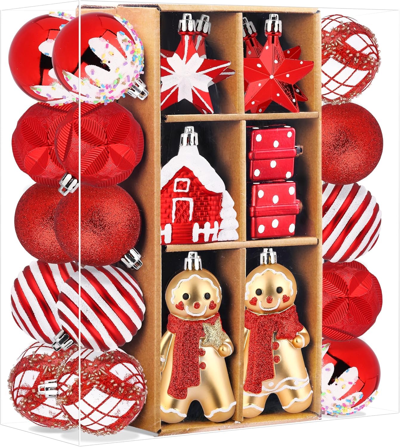 SHareconn Lot de 65 Boule de Noel, Boules de Noël en Plastique Incassable, Décorations Sapin de Noel, pour Decoration Noel Extérieur ou Intérieure, Décorer Sapin de Noël, Rouge et Blanc