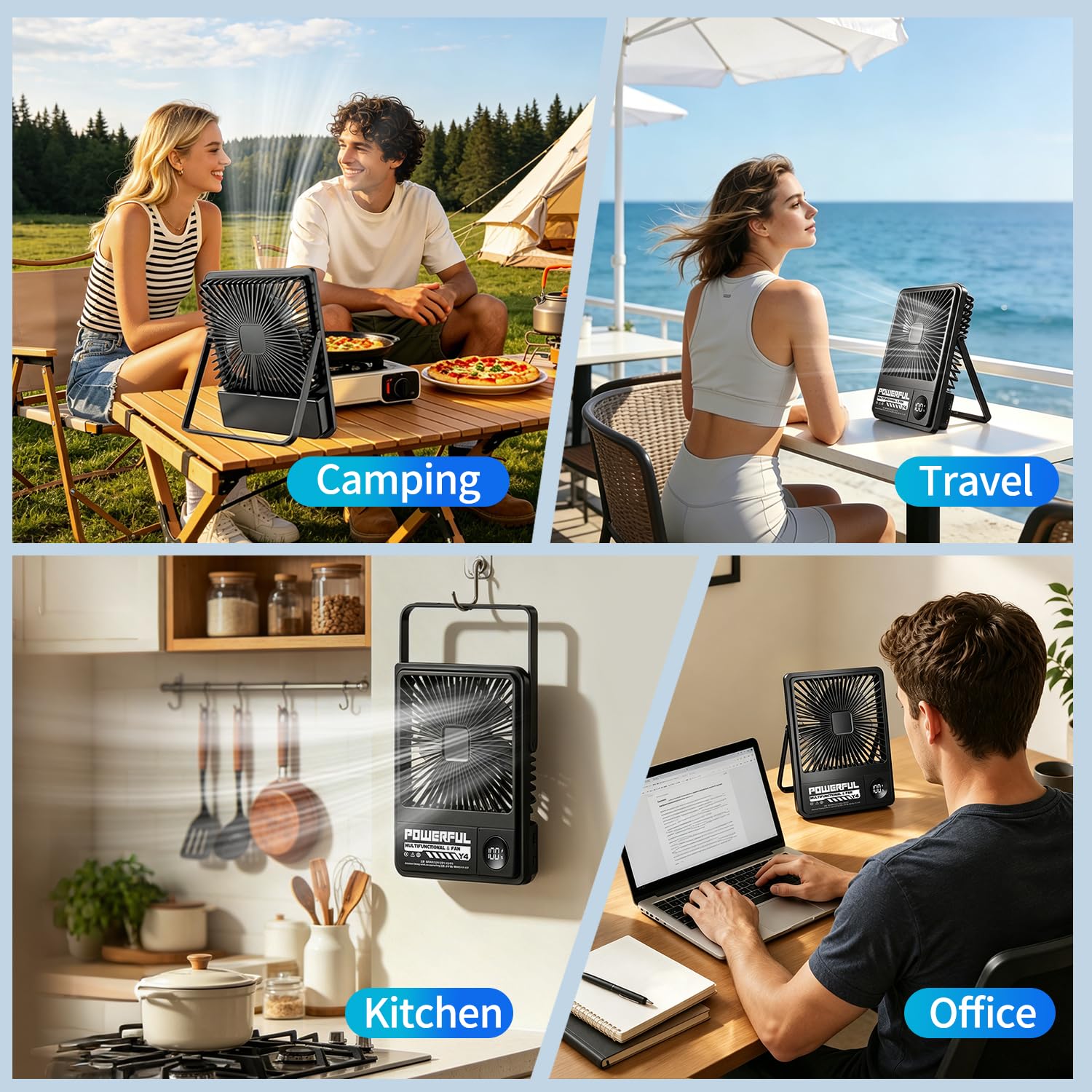 Ventilatore da Campeggio Ultrasottile da 10000 mAh, Ventilatore da Tavolo da 8", Dotato di Batteria, Supporto e Schermo Multifunzionali, Durata Della Batteria Fino a 24 ore, Adatto per Viaggi, Ufficio