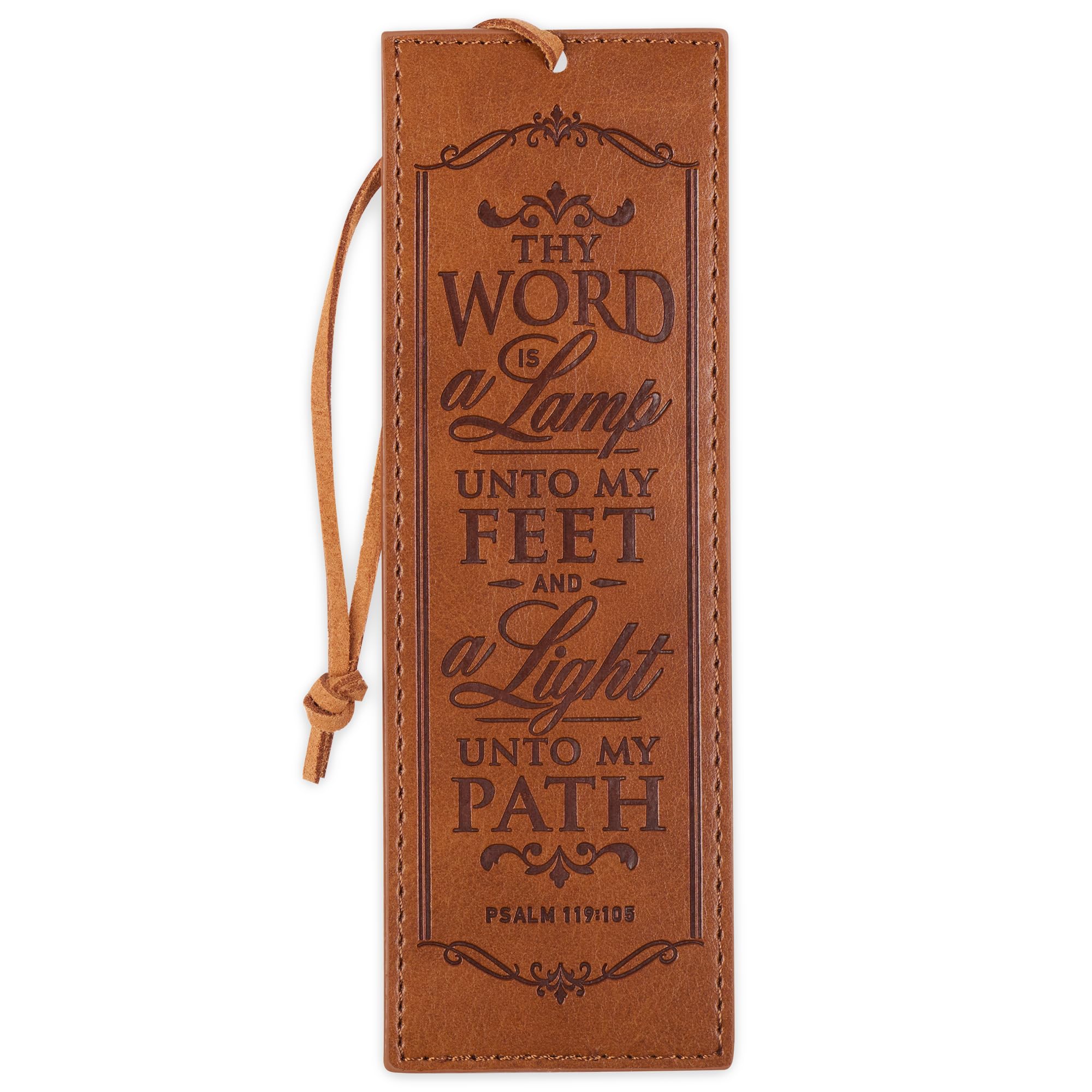 Christian Art Gifts Vegan Faux Leather Scripture Bookmark for Men & Women: Thy Word is A Lamp - Psalm 119:105 Inspirational Bible Verse, Heat-Debossed, Faith-Based Reading Accessory with Cord, Brown