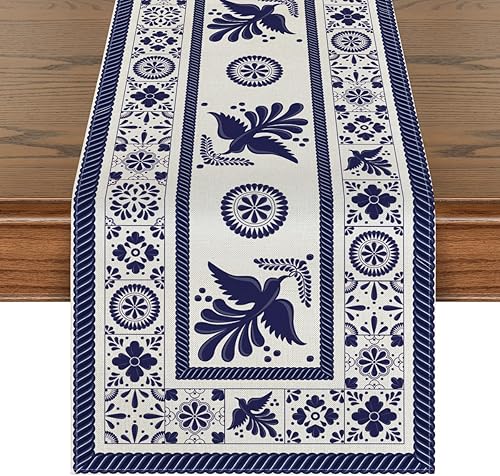 Artoid Mode Camino de mesa mexicano Dia De Los Muertos con diseño floral, diseño de mosaicos azules, decoración de mesa de comedor para decoración Artoid Mode Camino de mesa mexicano Dia De Los Muertos con diseño floral, diseño de mosaicos azules, decoración de mesa de comedor para decoración