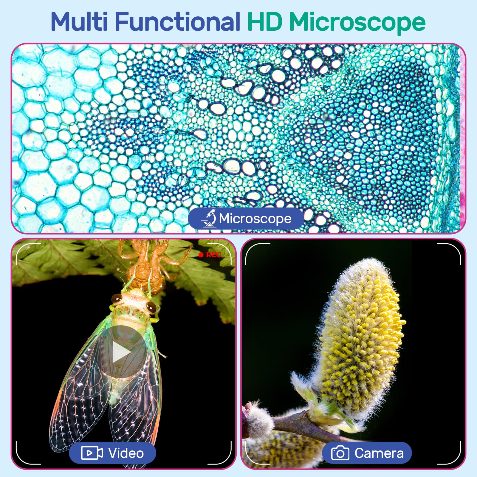 USCAMEL Digital Microscopio para Niños Portatil: 1000X Magnificación Pantalla 2.0" Microscopio Portatil Recargable - 6 Láminas Educativas Niños 5-12 Años - Jardín Casa Escuela - Regalo Chicos (Azul)