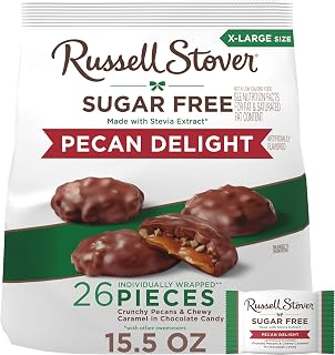 RUSSELL STOVER Sugar Free Pecan Delight Chocolate Candy, 15.5 oz. bag | Zero sugar caramel pecan candy, Individually wrapped for snacking and dessert, Made with Stevia extract sweetener