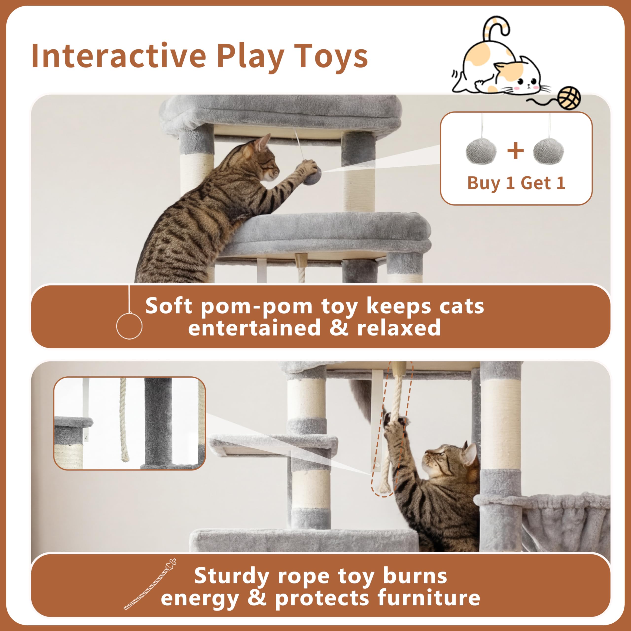 Heybly Rascador para Gatos XXL, 188 cm Árbol Rascador para Gatos Grandes, Torre de Múltiples Pisos, 3 Cuevas Escalonadas, Amplias Perchas Descanso, Postes y Tablas de Sisal, Gris Claro HCT061W