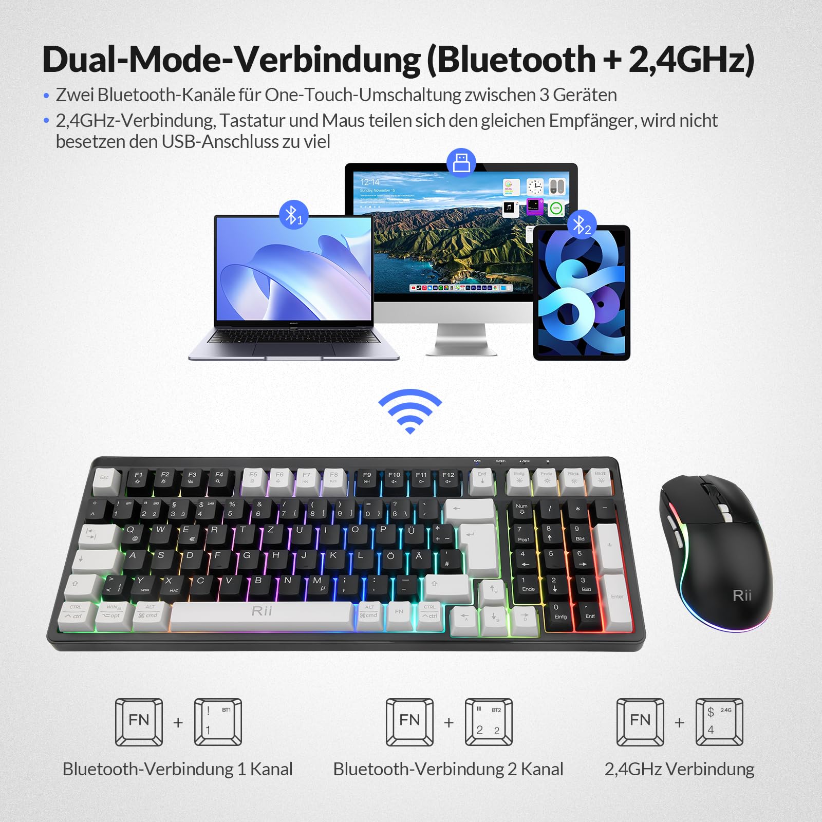 Rii Maus und Tastatur Kabellos Gaming, Tastatur Maus Set, Bluetooth + 2,4GHz Verbindung, LED-Hintergrundbeleuchtung, Wiederaufladbare, QWERTZ