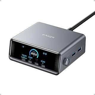 Anker Prime Chargeur USB C 250 W, Station de Recharge ultra-rapide 6 Ports GaN, écran LCD 2,26