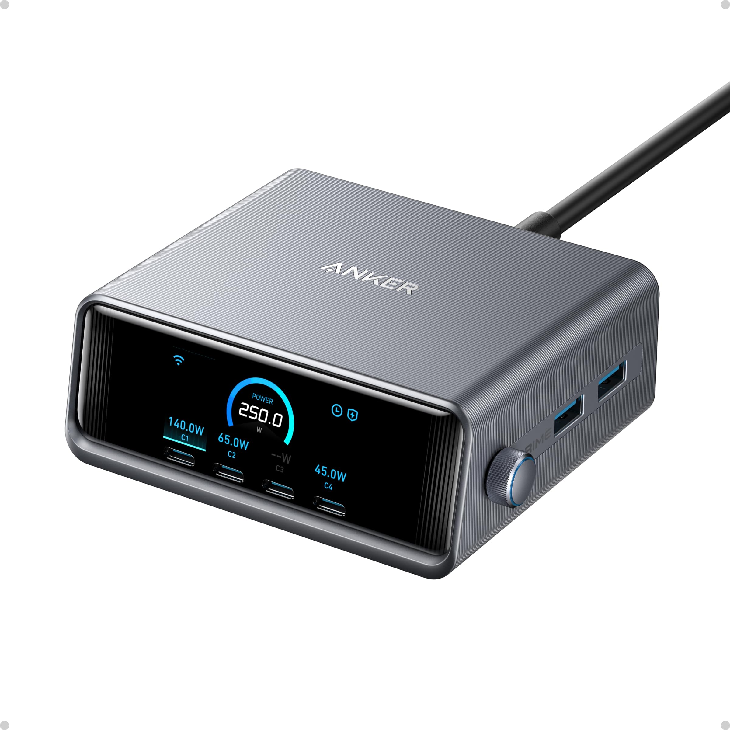 Anker Prime Chargeur USB C 250 W, Station de Recharge ultra-rapide 6 Ports GaN, écran LCD 2,26", Molette de Contrôle Intelligente, MacBook Pro/Air, iPhone 17/16/15, Pixel, Galaxy, Apple Watch, et plus