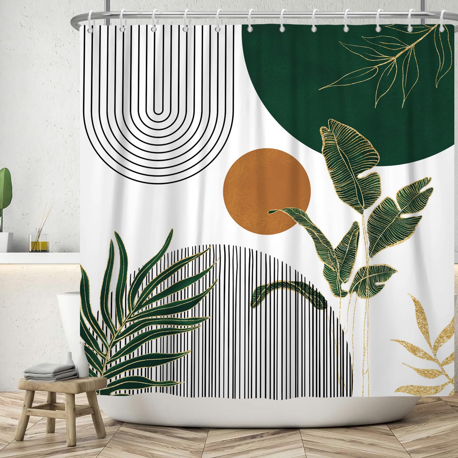 ASDCXZ Boho Shower Curtain 90x180 cm, Modern Abstract Art Boho Style Brown Sun Green Leaves White Bath Washable Shower Curtains Polyester Textile Waterproof Bath Curtain for Bathtub with 6 Hooks — image 1