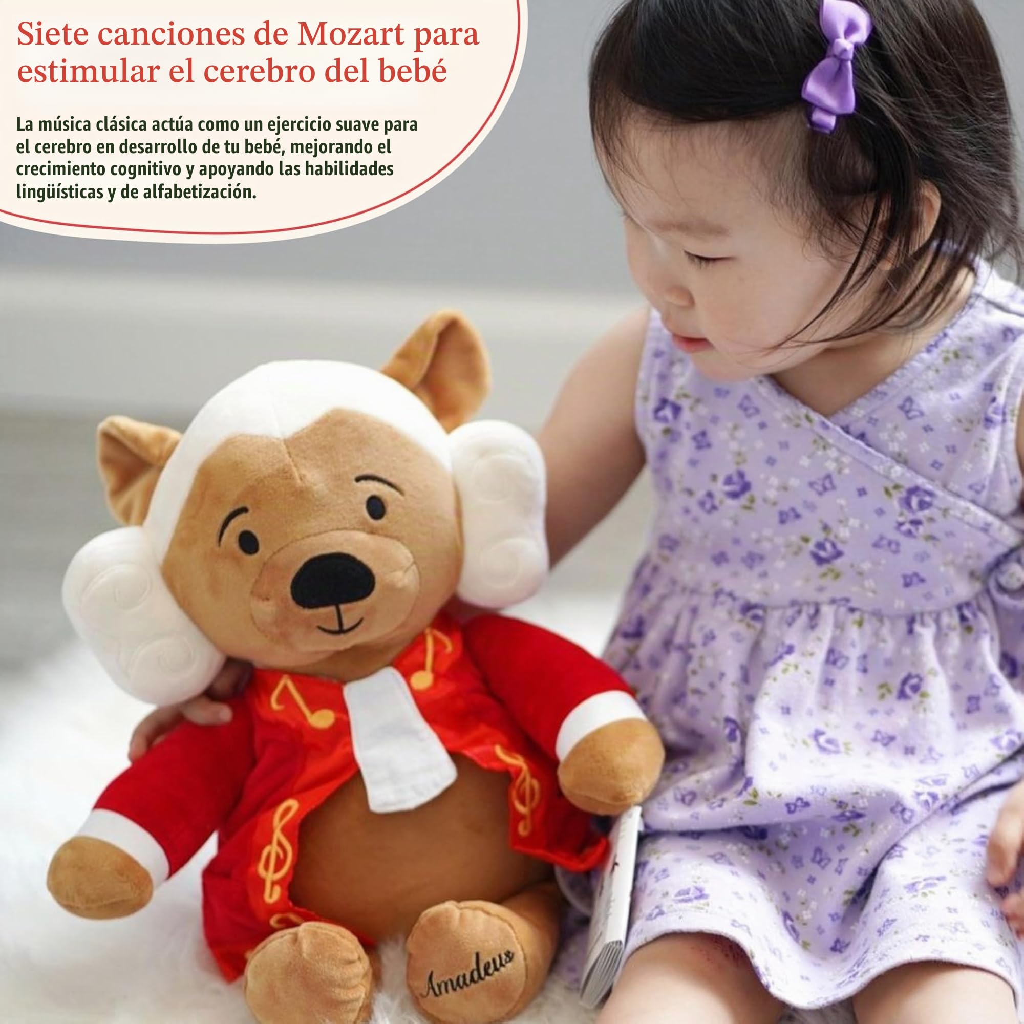 Amadeus Mozart Oso Virtuoso, 40 Minutos de Música Clásica, Peluche Musical Premiado 15″, Juguete Educativo