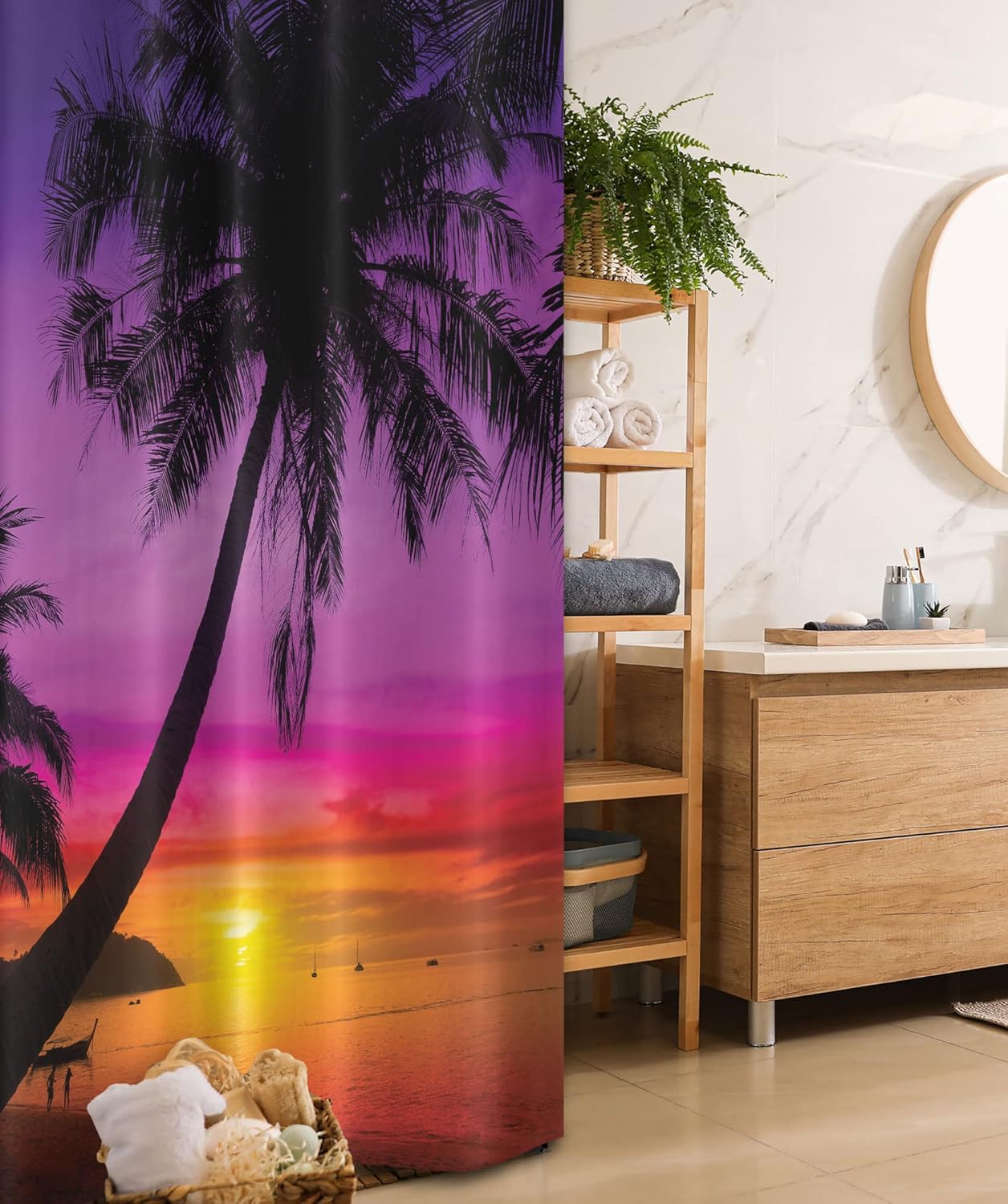 Ambesonne Tropical Stall Shower Curtain, Palm Tree Silhouette on Beach at Sunset Summertime Travel Destination, Fabric Bathroom Decor Set with Hooks, 36" W x 72" L, Purple Orange Black