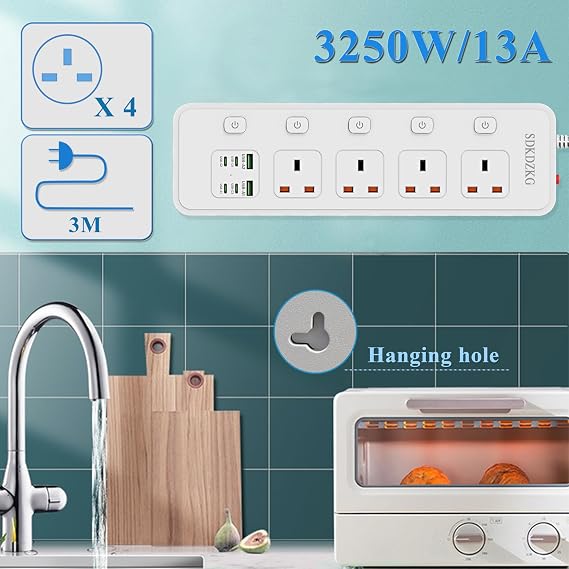 3M Extension Lead with 4 USB-C Ports and 2 USB-A Ports, 4 Way Sockets Outlets(13A/3250W) Power Strip with Individual Switches Overload Protection and 3M Extension cord for Home Office(SDK-G62)