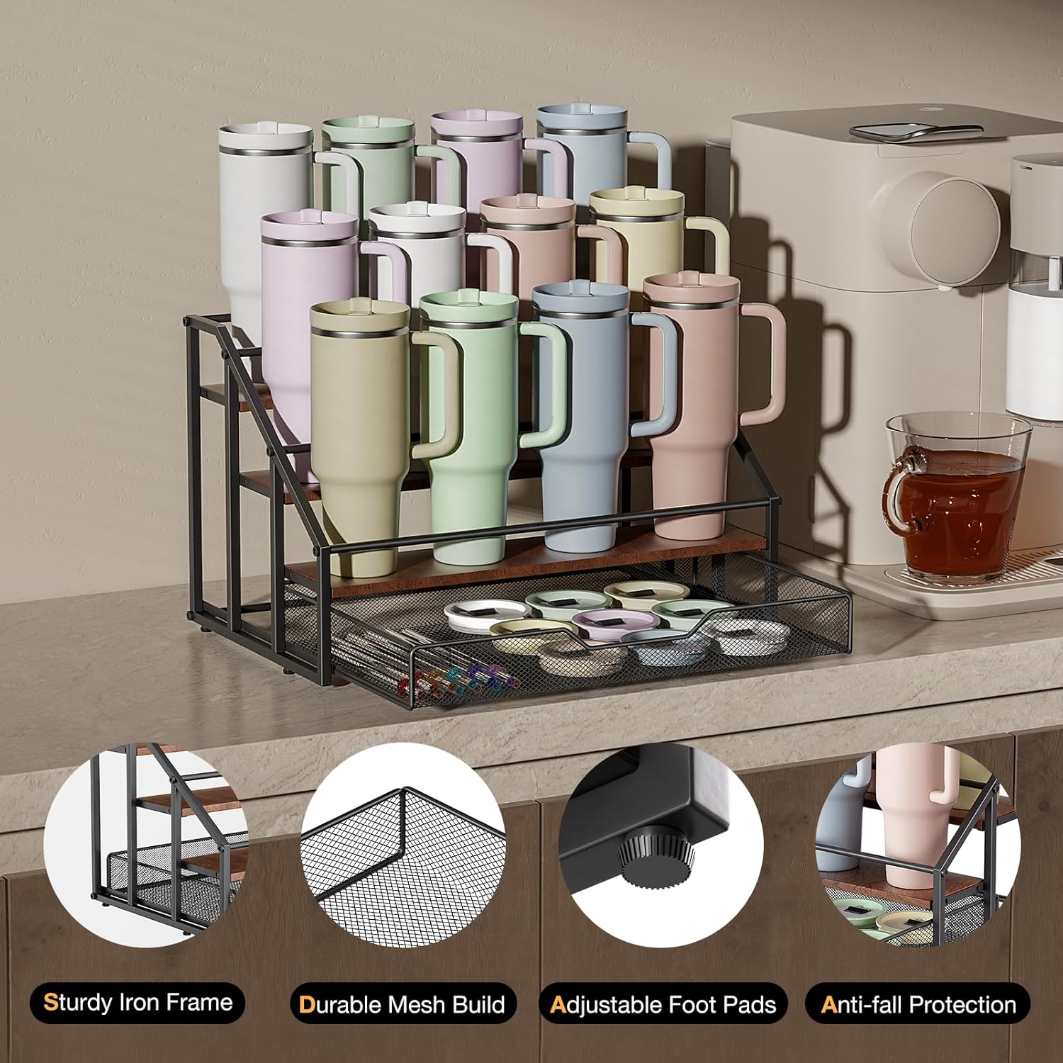 MOJOHAND Water Bottle Organizer for Stanley, 4-Tier 12 Bottles Rack with Storage Basket for Cup Accessories, Large Tumbler Holder Stand, Water Bottle Holder Wine Rack