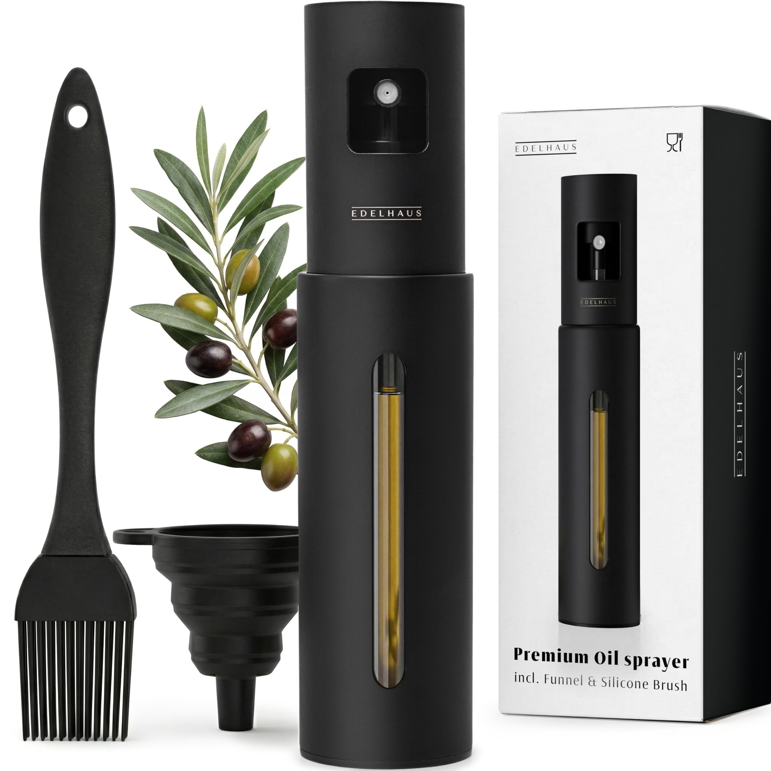 EDELHAUS Ölsprüher Set - hochwertige Öl-Sprühflasche aus Edelstahl & Glas, für gesundes Kochen I Sprüher für präzise Dosierung I für Speiseöl & Essig inkl. 20 Ettiketen, Funnel, Silicon Pinsel
