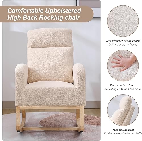 Miniatura 4 de Nursery Rocking Chair with Solid Wood Legs, Glider Chair for Nursery with Side Pocket, Rocker Armchair for Living Room Bedroom (Beige, Teddy)