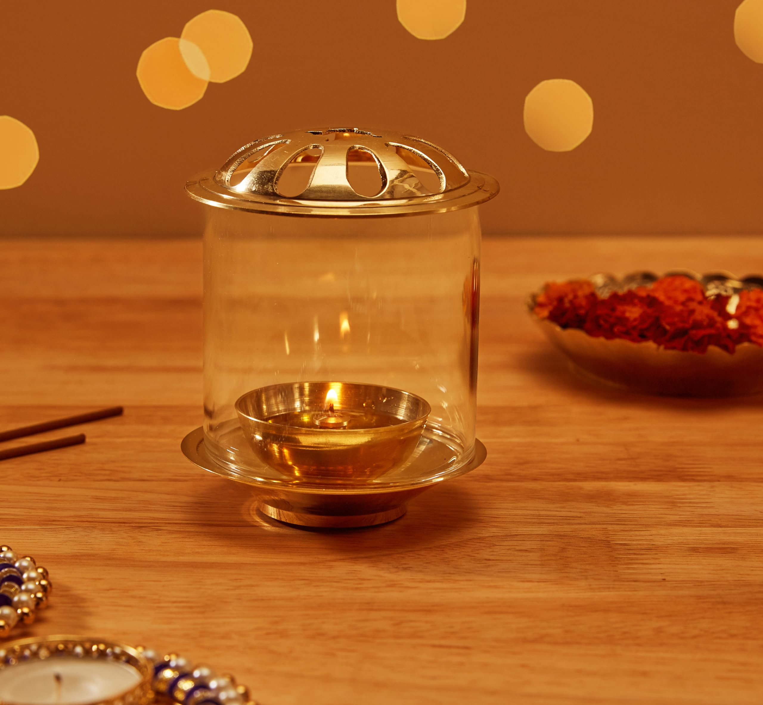 Amazon Brand - Solimo Brass Diya with Borosilicate Glass 3