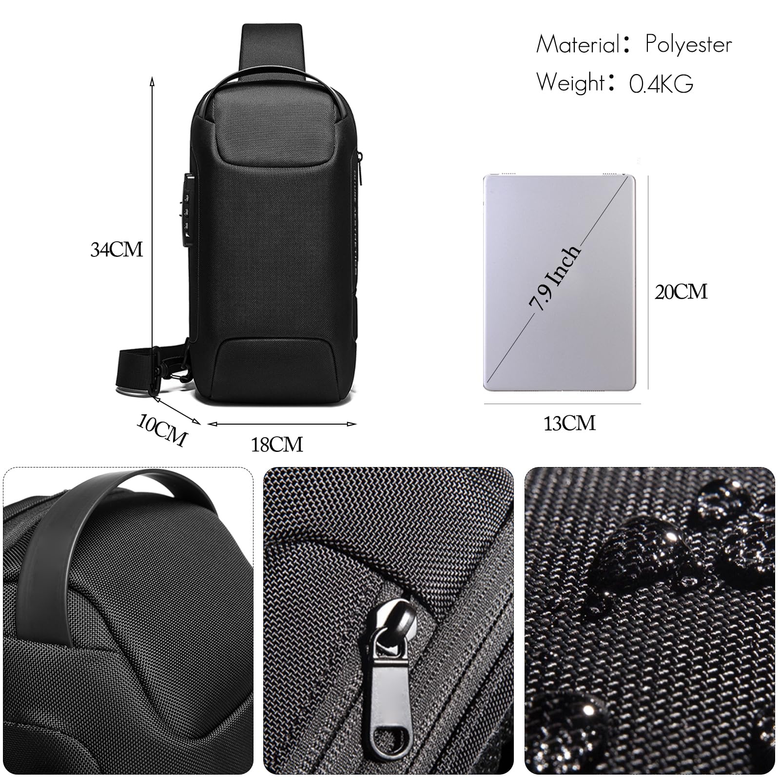 FANDARE Borsa a Tracolla Anti-Ladro Uomo e Donna, Borsa a Tracolla con Porta USB di Ricarica, Borsa da Petto Impermeabile, Zainetto da Spalla per Escursionismo Ciclismo Corsa Viaggio