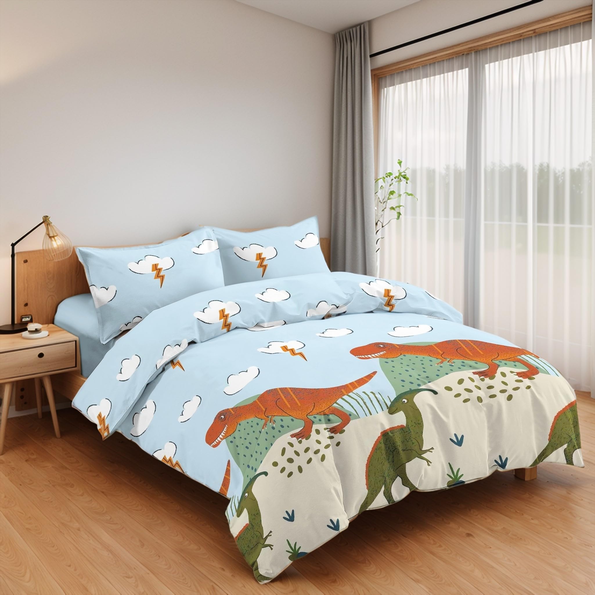 Juego de Funda Nórdica 3 Piezas Cama 105 Microfibra Extra Suave Transpirable - 1 Funda Edredón 180x220 cm, 1 Bajera 105x200+28 cm y 1 Funda Almohada 50x130 cm (Color Dinosaurio)