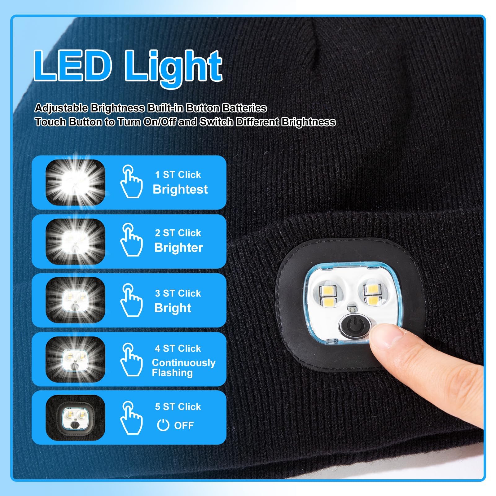 TOP-EX Gorros de lana merino de gran tamaño, XL, XXL, LED, unisex, con antorcha de luz, regalos para papá, impermeables, recargables, para correr, pasear al perro