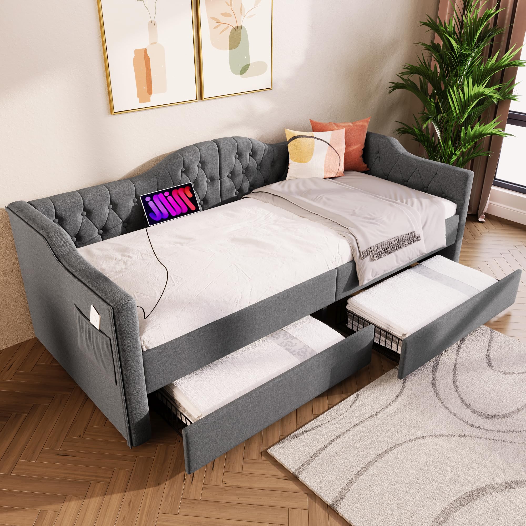 Rtopsu Divano Letto Imbottito 90x200 cm con USB Type C, Letto per Bambini con 2 Cassetti Contenitore, Letto per Ragazzi Struttura Letti con Telaio a Doghe in Legno, Lino, Grigio, Senza Materasso