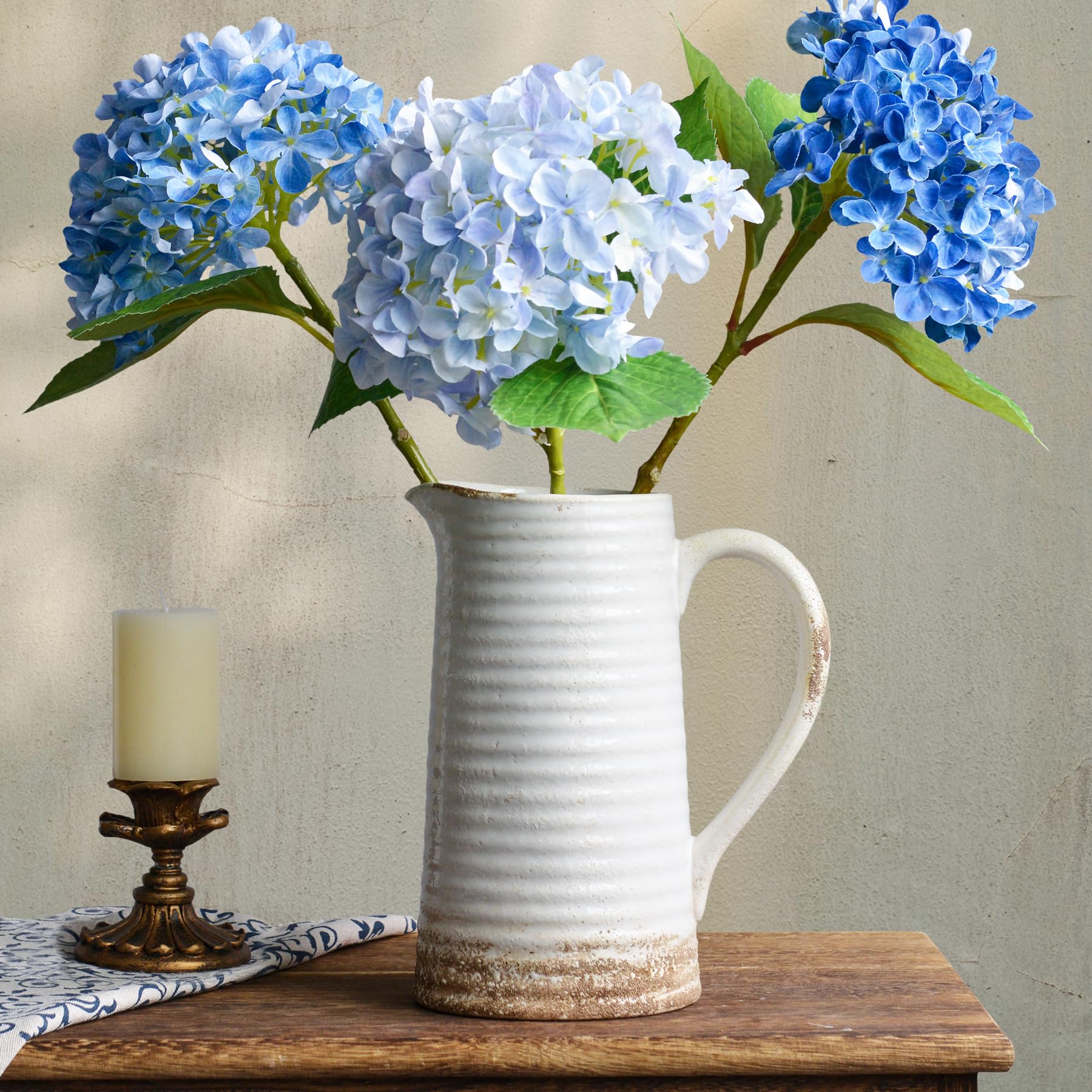 Quoowiit Ceramic Rustic Vase with Handle White Distressed Decorative Farmhouse Pitcher Vase for Home Decor Living Room Bedroom