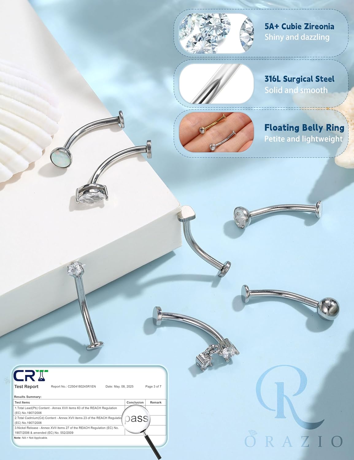 ORAZIO 7 Pcs Belly Button Ring Surgical Steel Hypoallergenic Floating Belly Button Rings for Women Flat Back CZ Opal Internally Threaded Long Bar Navel Piercing Jewelry 14G Gold Silver Tone - Image 6