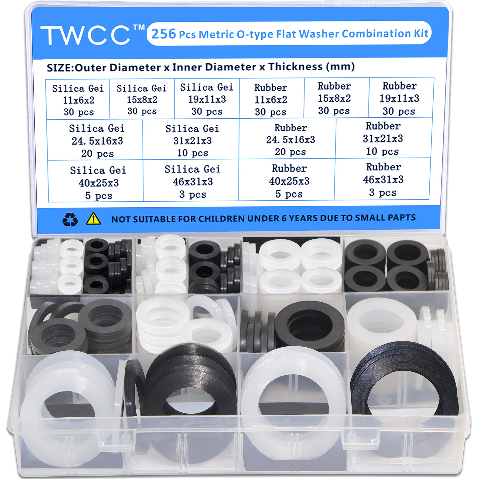 (256) - TWCC 256 Pcs Assorted Flat Rubber Washers Plumbing Large Gasket Assortment Kit Hose Gasket Set,for Garden Hose Adapter Water Tank Pipe Splitter Shower Head Water Metre Coupling Washers Repair