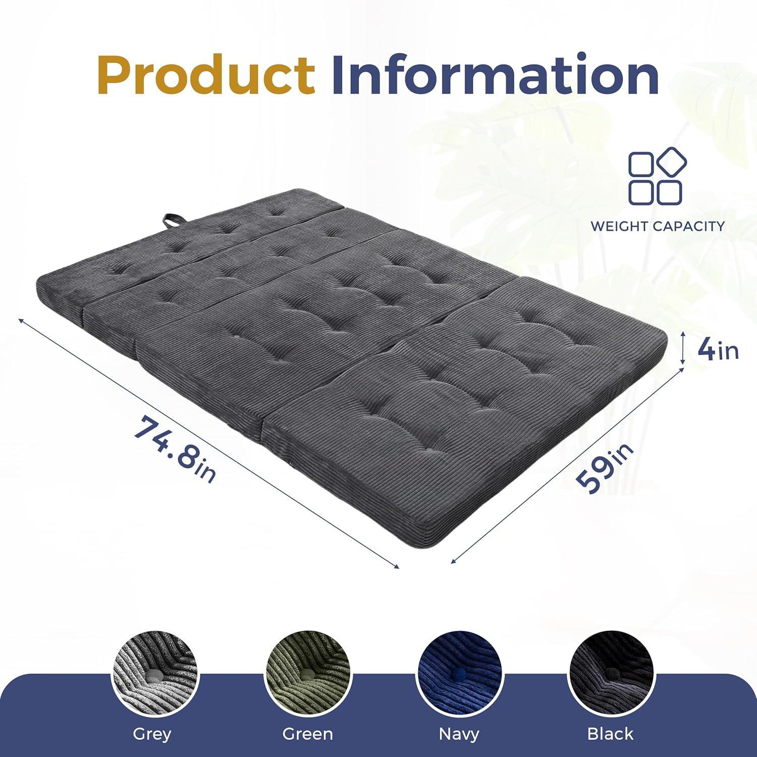 MAXYOYO Foldable Sofa Couch Bed, 4 Inch Tufted Folding Mattress, Portable Floor Couch with Handles Guest Bed Topper Portable Camping Mat with Corded Fabric, Queen Size, Dark Grey