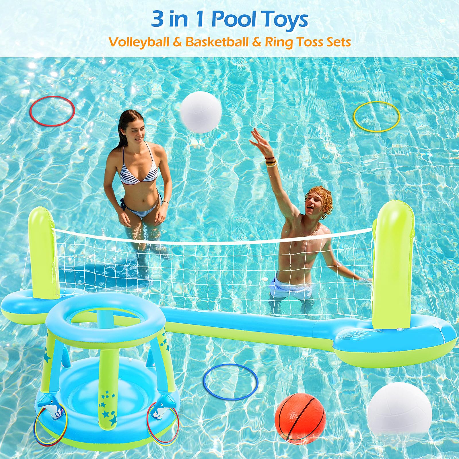 Jasonwell Ensemble de jeux de piscine - 3 en 1 : filet de volleyball, panier de basketball, jeu de bagues à suspendre, flotteurs gonflables, volleyball flottant, jeux d’eau pour piscine, fête, cadeau