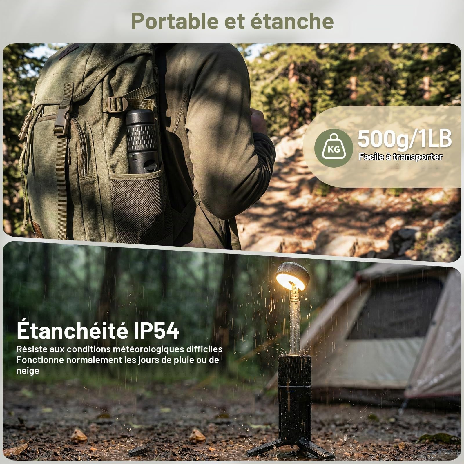 Lampes de camping télescopiques rechargeables 5400 mAh, étanches IP54 | lampe de tente de camping portable à LED, lampe de travail 600 lumens, 3 000/7 000 K, intensité réglable