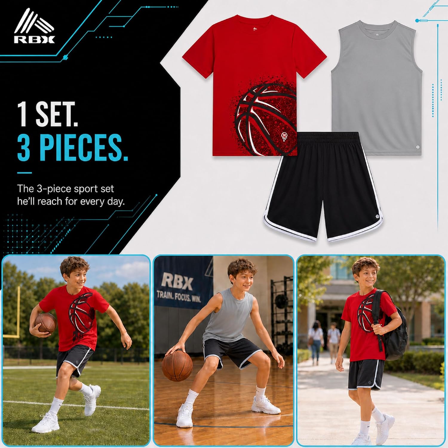 RBX Boys Active Short Set - 3 Piece Performance Short Sleeve Boys Shirts Dry Fit Sleeveless Jersey Shirt and Athletic Shorts