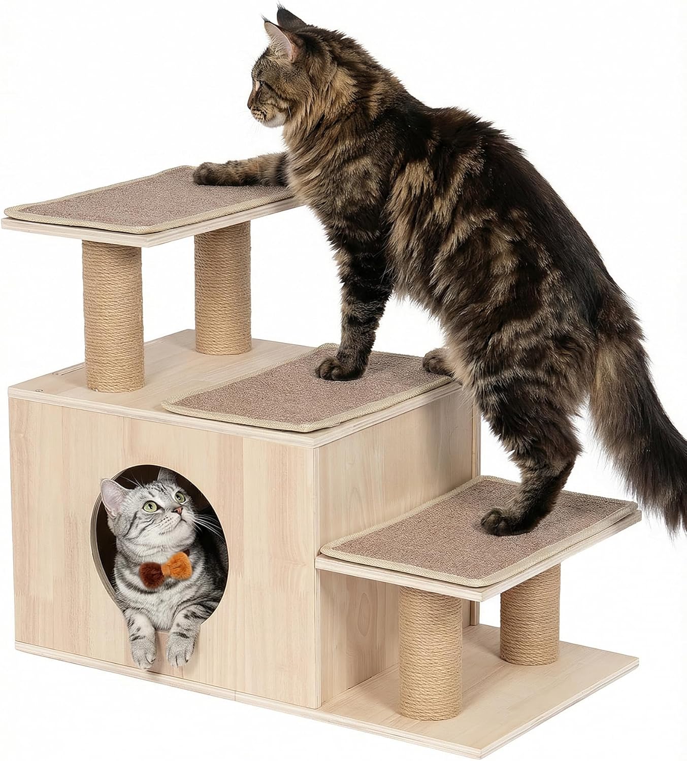 3-in-1 Pet Stairs for Cats, 7.87" Depth Pet Steps for Cat, Wood Cat Stairs for High Bed and Sofa, 1 Condo Cave, Scratching Post, Sturdy Indoor Pet Stairs with Non-Slip Carpet Pads