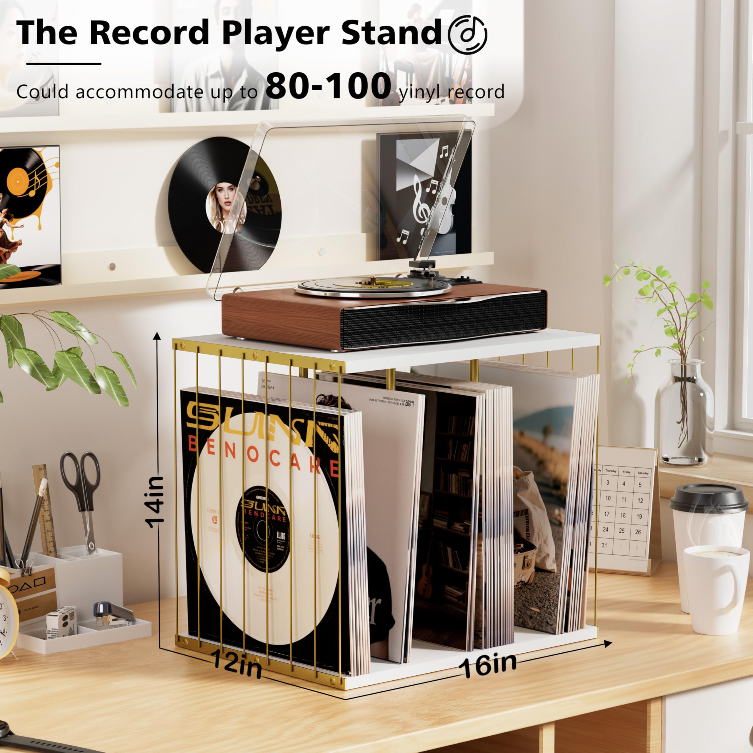 Caisse à vinyles en bois, support vinyles, style vintage multifonctionnel Meuble pour vinyle avec 3 compartiments, support tourne-disque vinyle jusqu'à 100 albums, pour salon ou bureau (blanc)