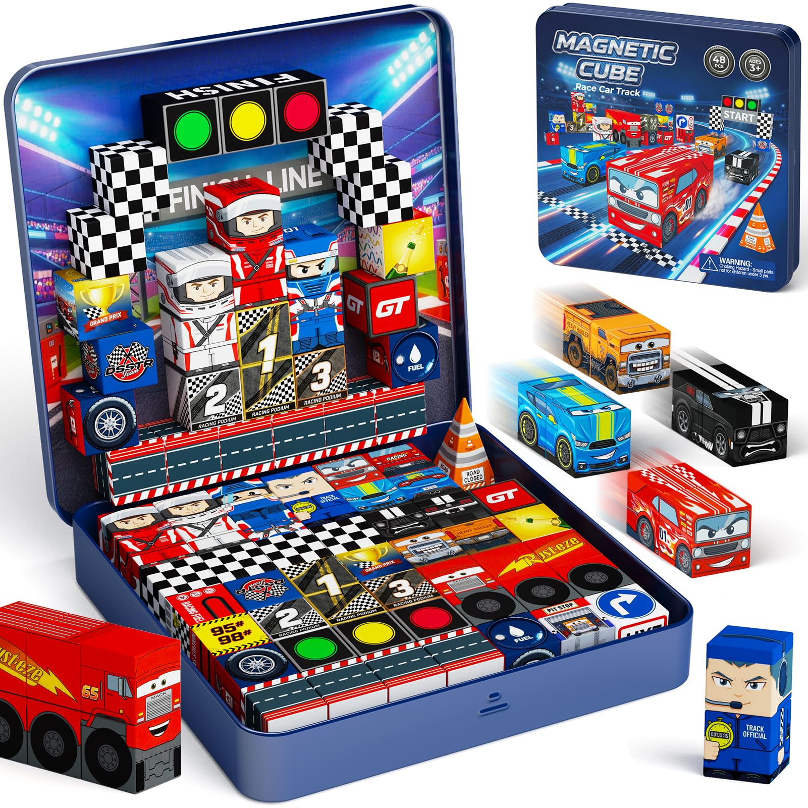 STEM MATCH Travel Magnetic Blocks for Boys: 355g light weight 48 PCS Race Track Builder Set 300+ DIY Shapes & Strong Magnets for Bumpy Car Journeys 30S Tidy Up - Travel Toy for Boys Ages 3-8