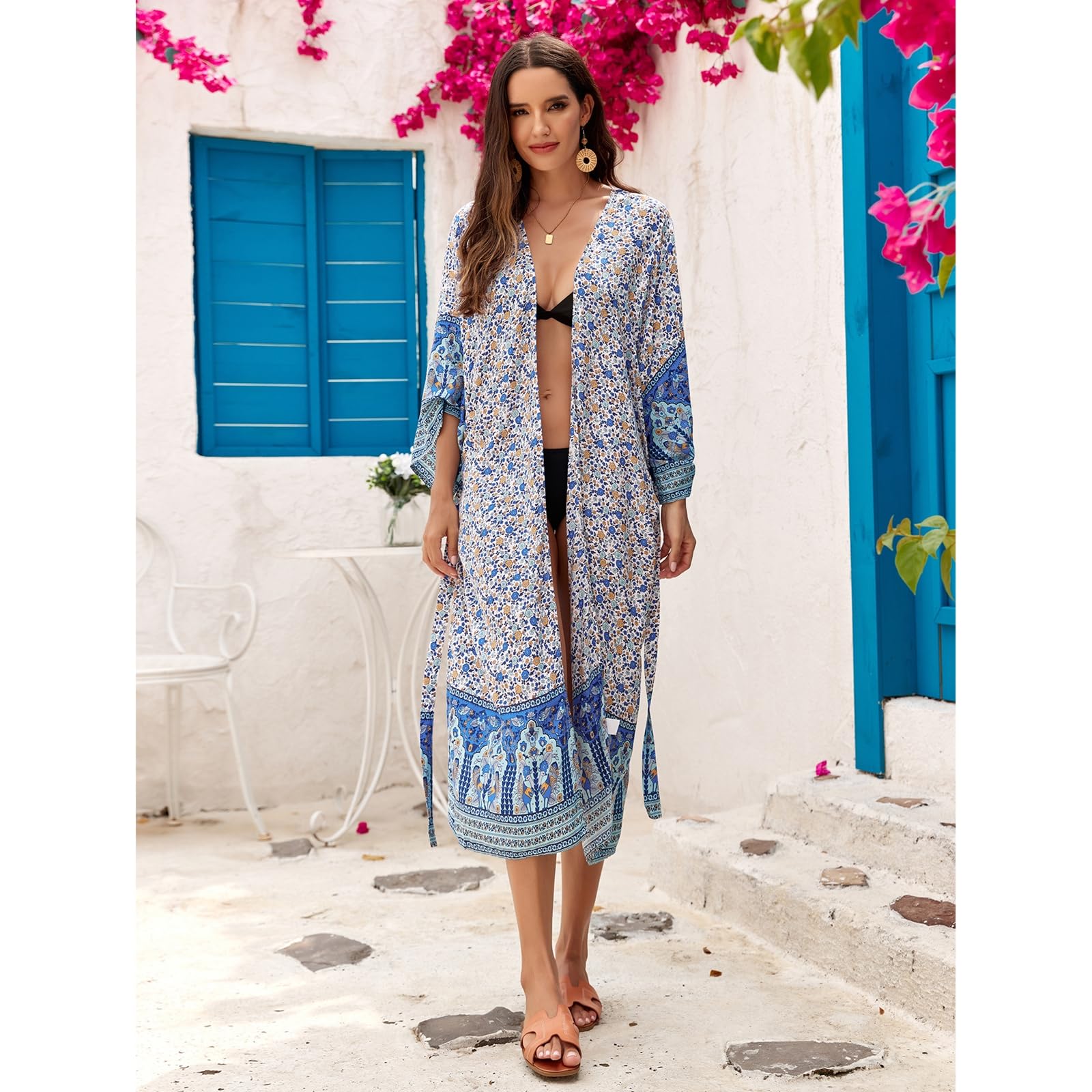 Traje de baño tipo kimono de manga larga para mujer, con flores, frente abierto, holgado, chal, vestido de playa con cinturón